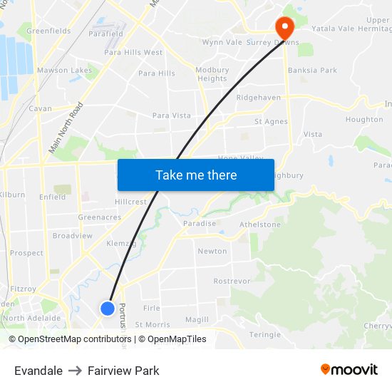 Evandale to Fairview Park map