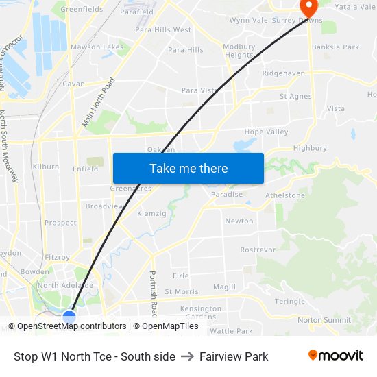 Stop W1 North Tce - South side to Fairview Park map