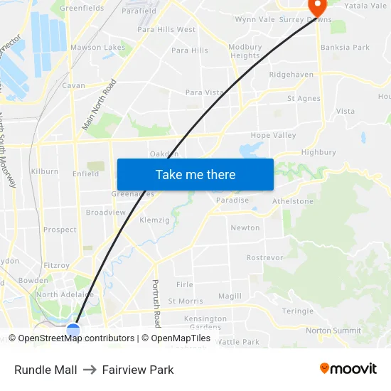 Rundle Mall to Fairview Park map