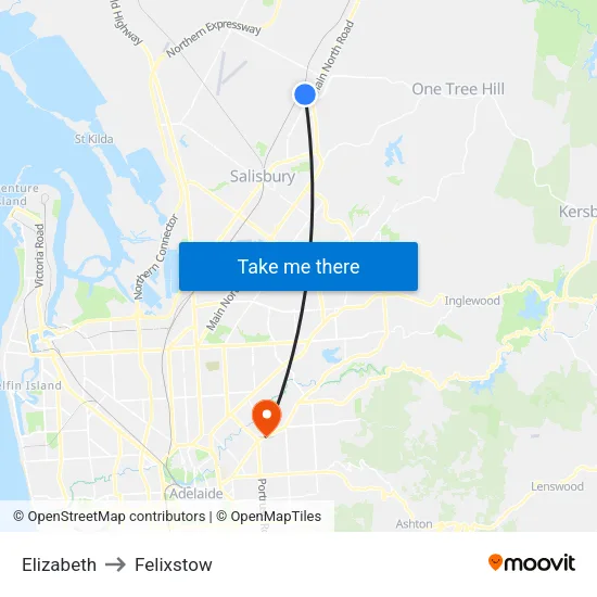 Elizabeth to Felixstow map