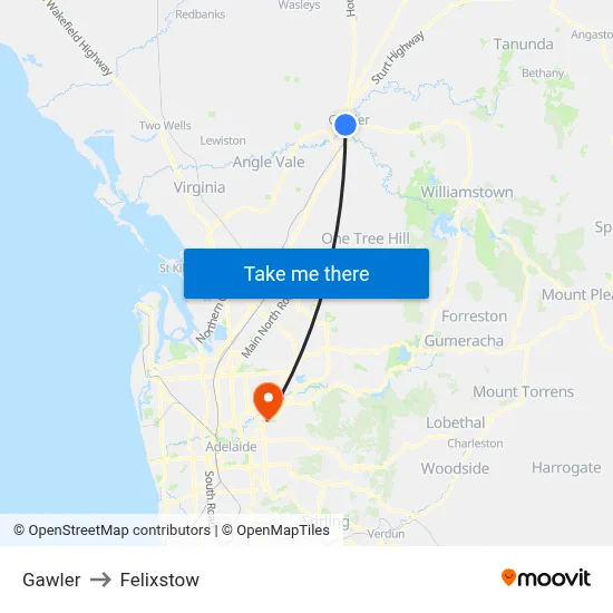 Gawler to Felixstow map