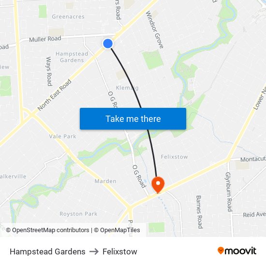 Hampstead Gardens to Felixstow map