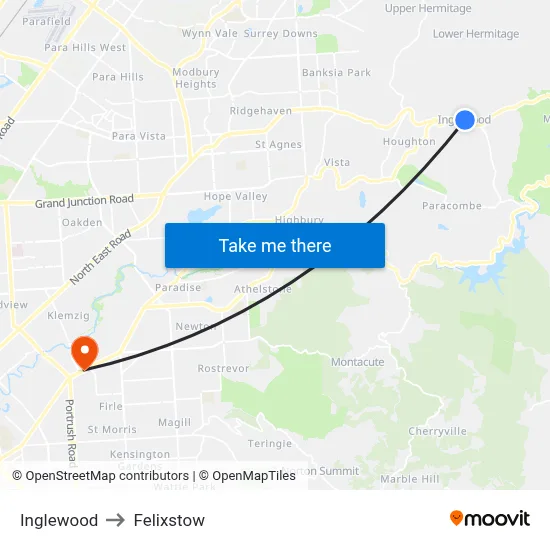 Inglewood to Felixstow map