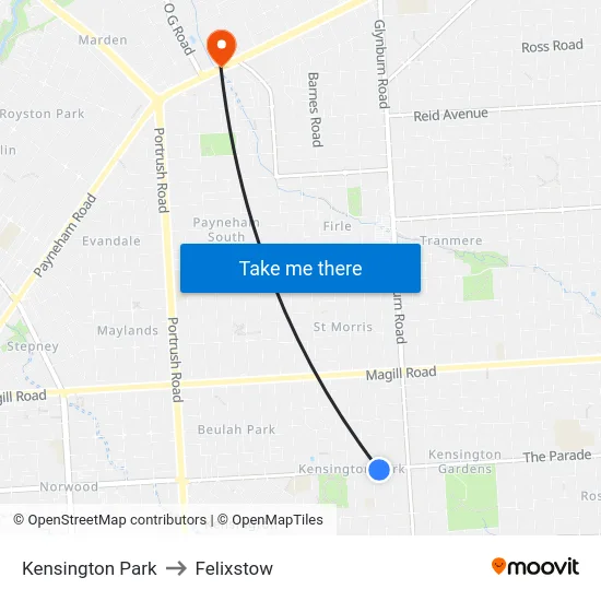 Kensington Park to Felixstow map