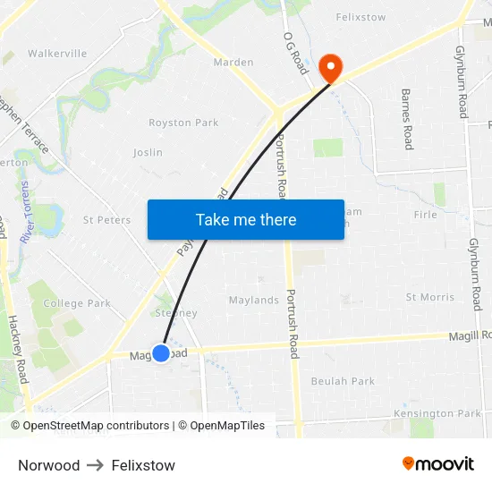 Norwood to Felixstow map