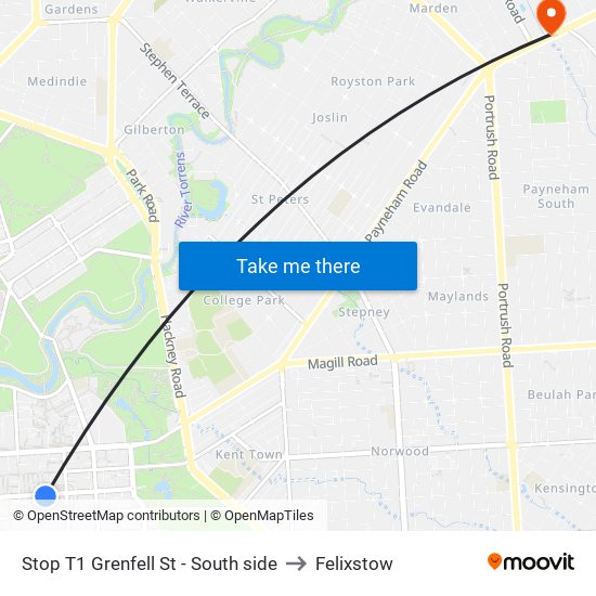 Stop T1 Grenfell St - South side to Felixstow map