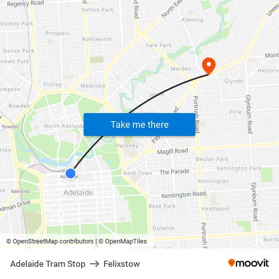 Adelaide Tram Stop to Felixstow map