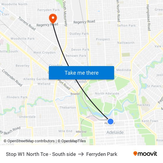 Stop W1 North Tce - South side to Ferryden Park map