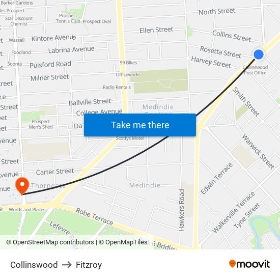 Collinswood to Fitzroy map