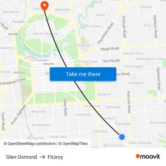 Glen Osmond to Fitzroy map