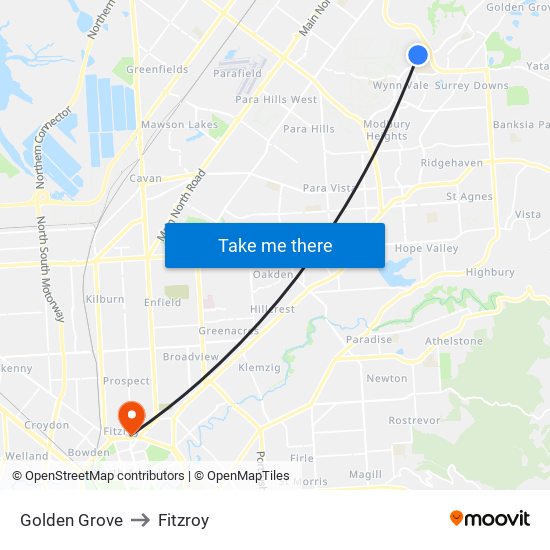 Golden Grove to Fitzroy map