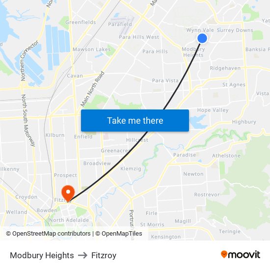 Modbury Heights to Fitzroy map
