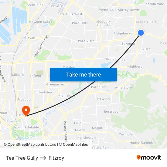 Tea Tree Gully to Fitzroy map