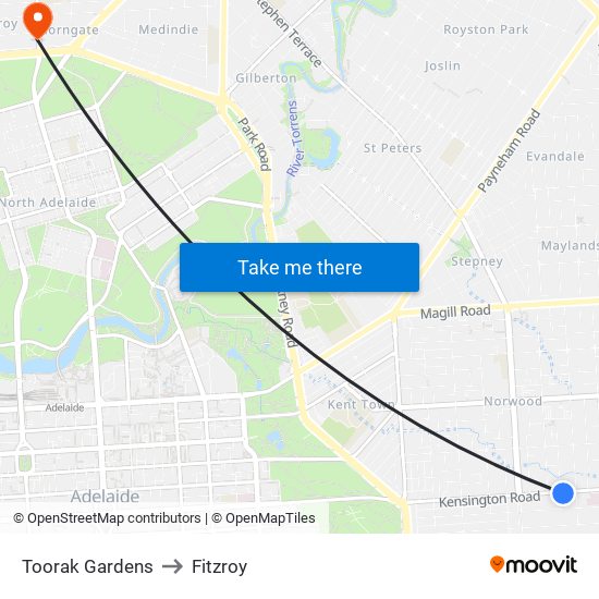 Toorak Gardens to Fitzroy map