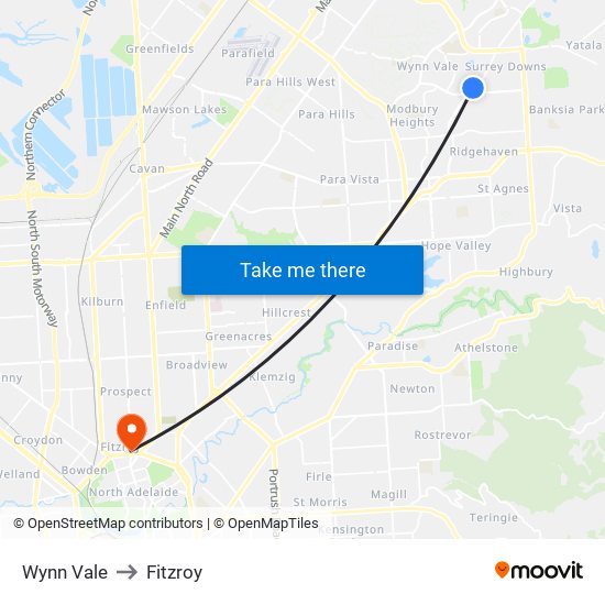 Wynn Vale to Fitzroy map