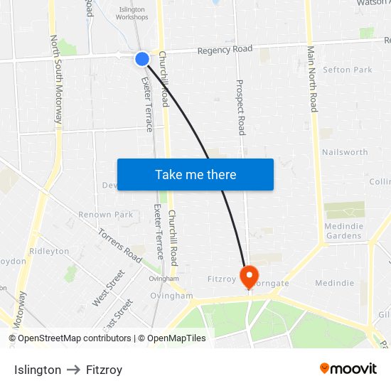 Islington to Fitzroy map