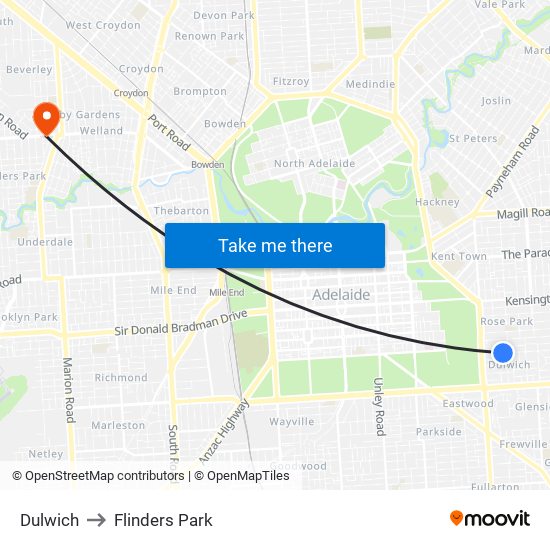 Dulwich to Flinders Park map