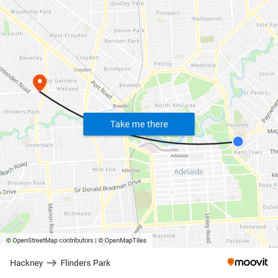 Hackney to Flinders Park map