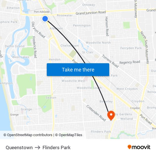 Queenstown to Flinders Park map