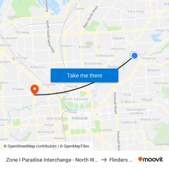 Zone I Paradise Interchange - North West side to Flinders Park map