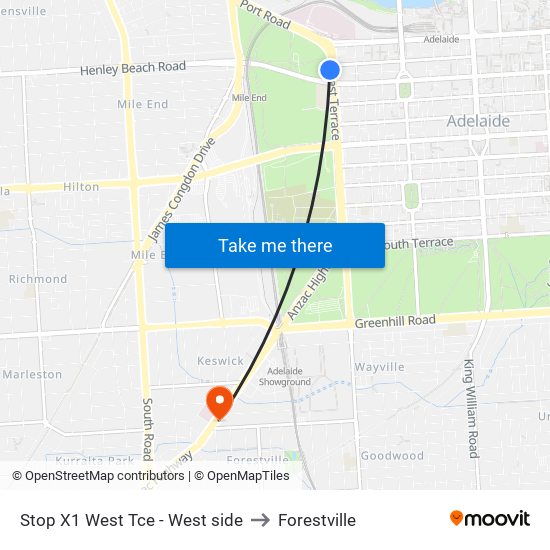 Stop X1 West Tce - West side to Forestville map