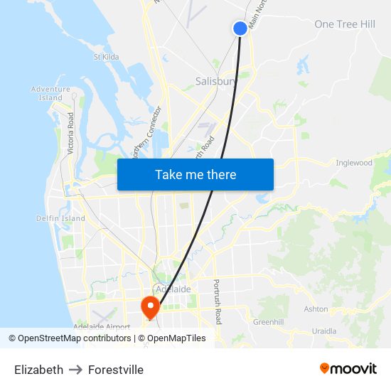 Elizabeth to Forestville map