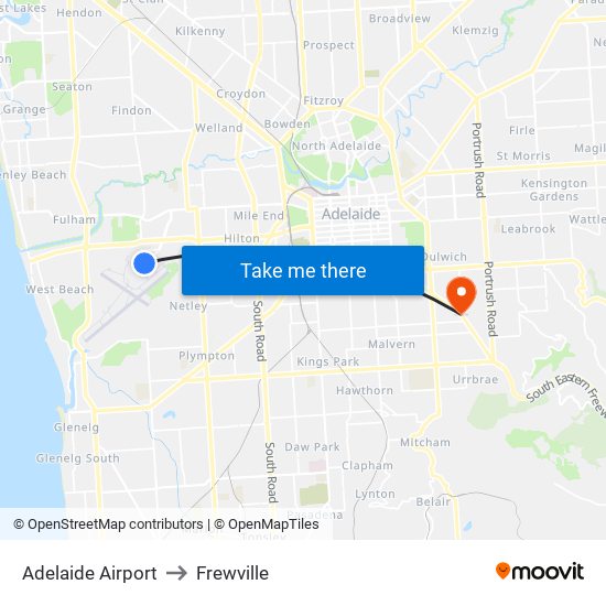 Adelaide Airport to Frewville map