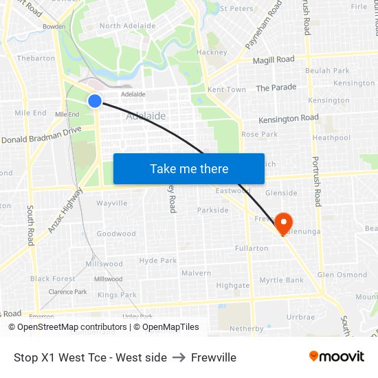 Stop X1 West Tce - West side to Frewville map