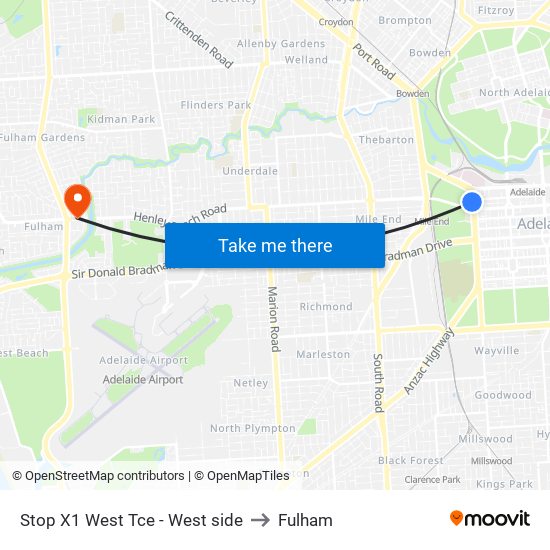 Stop X1 West Tce - West side to Fulham map