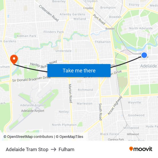 Adelaide Tram Stop to Fulham map