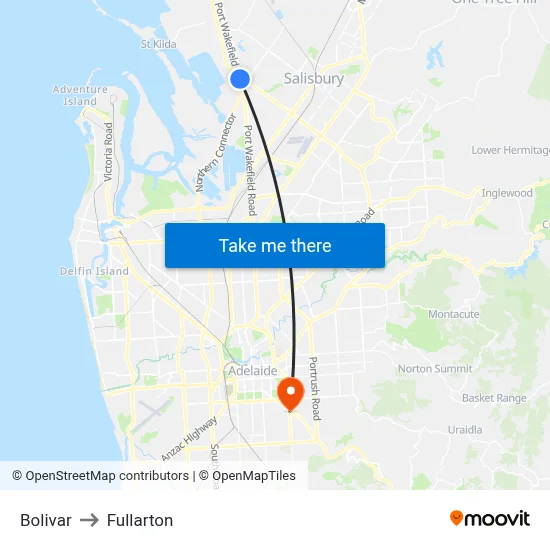 Bolivar to Fullarton map