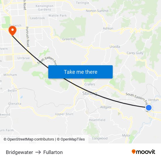 Bridgewater to Fullarton map