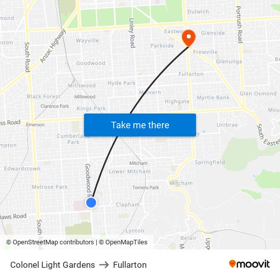 Colonel Light Gardens to Fullarton map