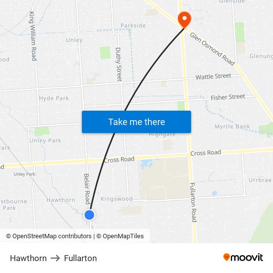 Hawthorn to Fullarton map