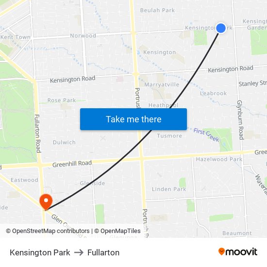 Kensington Park to Fullarton map