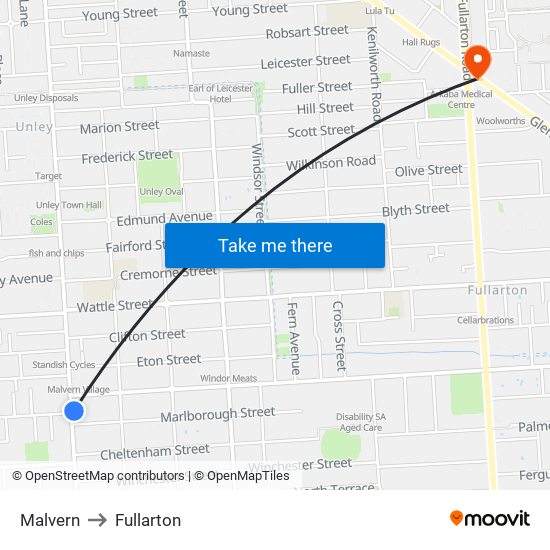 Malvern to Fullarton map