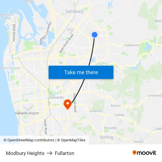 Modbury Heights to Fullarton map