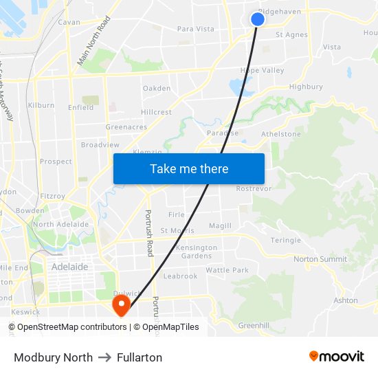 Modbury North to Fullarton map