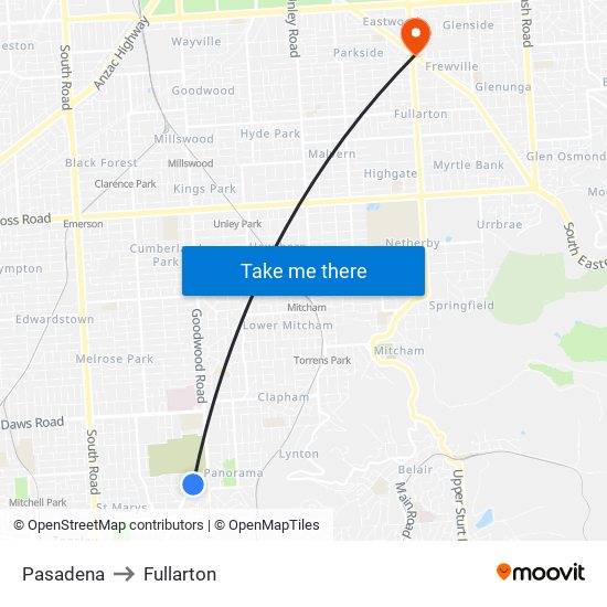 Pasadena to Fullarton map