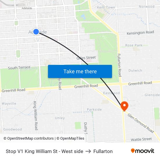 Stop V1 King William St - West side to Fullarton map