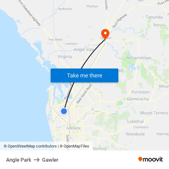 Angle Park to Gawler map