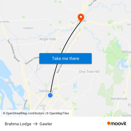 Brahma Lodge to Gawler map