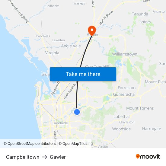 Campbelltown to Gawler map