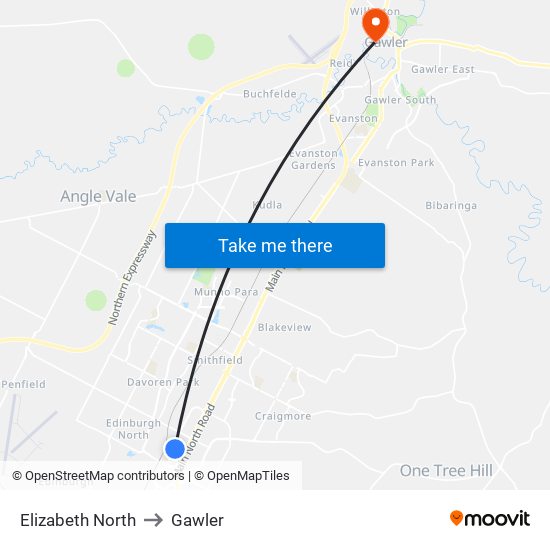 Elizabeth North to Gawler map