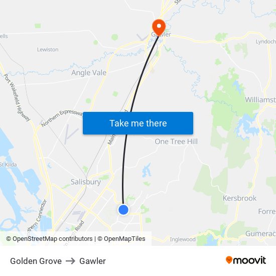 Golden Grove to Gawler map