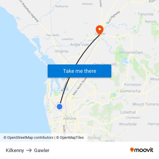 Kilkenny to Gawler map