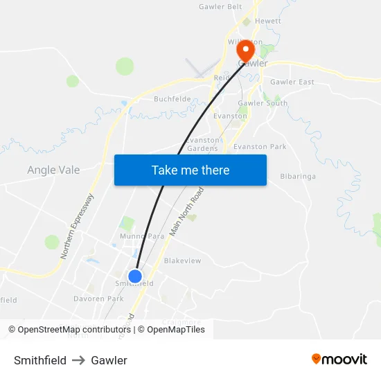 Smithfield to Gawler map
