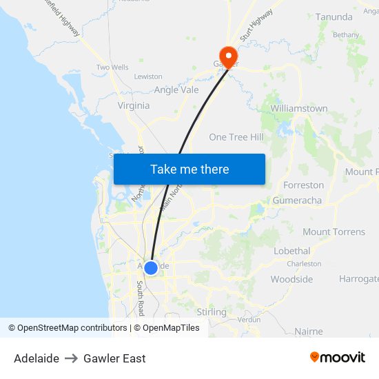 Adelaide to Gawler East map