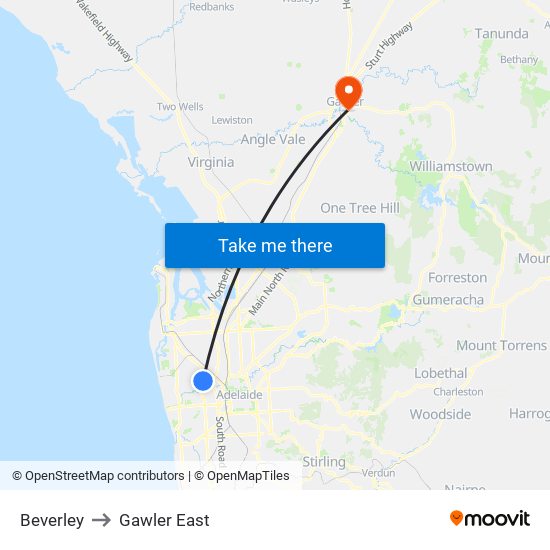 Beverley to Gawler East map