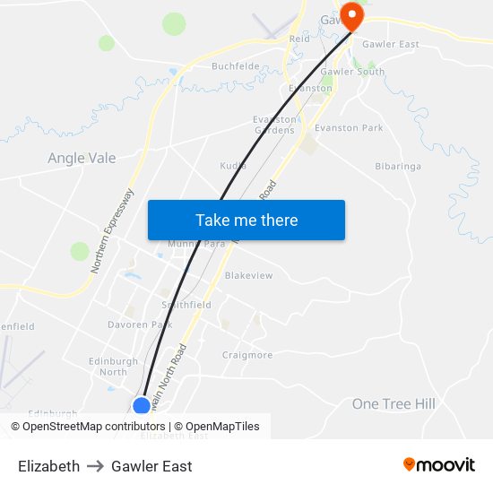 Elizabeth to Gawler East map
